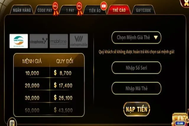 Nạp Tiền Hitclub 3 Nạp Tiền Qua Thẻ Cào